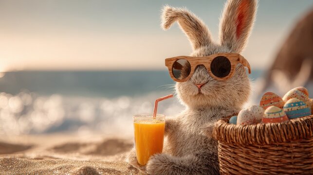 Easter bunny in sunglasses enjoys a refreshing drink on a sunny beach