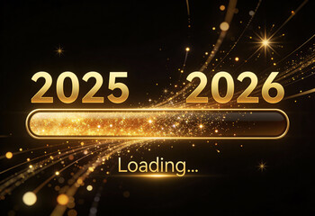 Happy new year loading progress from 2025 to 2026 on golden lights background