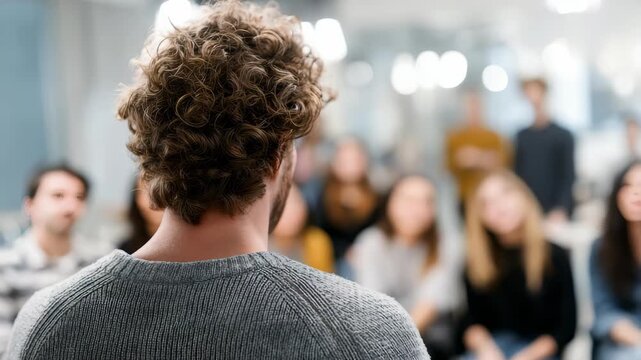 Confident speaker addresses a diverse group of people during a seminar or workshop, fostering communication and learning. The atmosphere is professional, dynamic, and collaborative