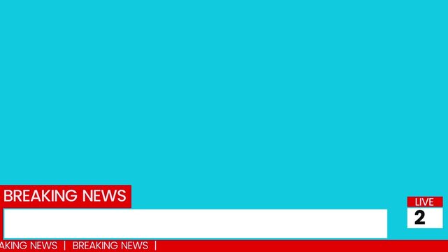 breaking news banner and scrolling ticker on cyan screen