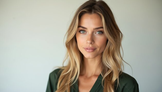 Headshot of elegant caucasian woman with blonde wavy hair, green eyes, light makeup. She looks directly at camera with subtle smile on her face. Neutral background.