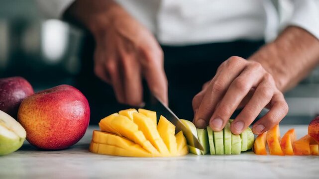 A professional chef skillfully slices ripe mango and green apple, showcasing culinary expertise and healthy food preparation. The image highlights fresh ingredients and kitchen craftsmanship