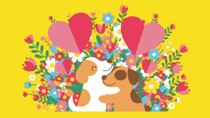 Fototapeta premium Puppy and Kitten Hugging with Flowers.