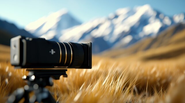 A camera on a tripod captures a scenic mountain landscape with golden grass in the foreground and snow-capped peaks under a clear blue sky. - Powered by Adobe