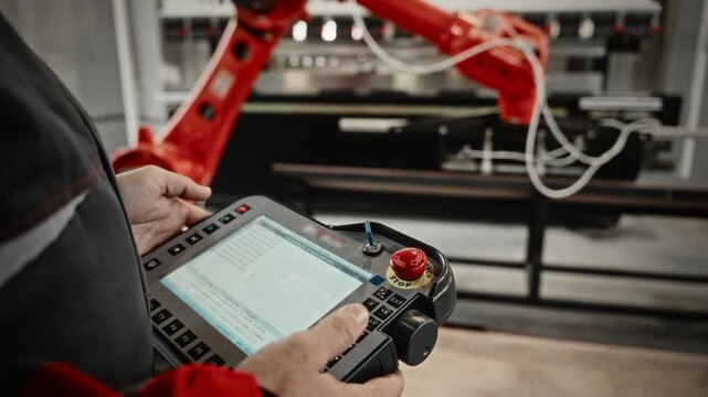 Operator Manages Bending Machine Functions, Hands Operate Touchscreen And Joystick Controls