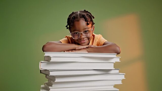 funny scene - A young girl with braided hair and glasses smiles warmly while resting her chin on a stack of books against a soft green background, radiating a sense of curiosity and joy in learning