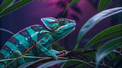 Vibrant turquoise and green chameleon perched on a branch amidst lush dark green foliage with a dramatic, moody purple background lighting