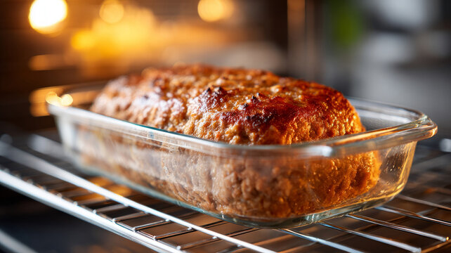 Homemade meatloaf in a glass dish inside an oven.