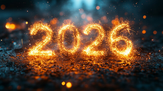 2026 Happy New Year Greeting Card. Year 2026 in sparkler font and firework