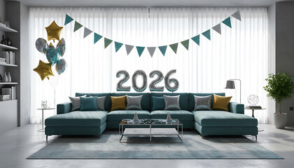 Modern living room decorated for 2026 celebration with balloons and banners