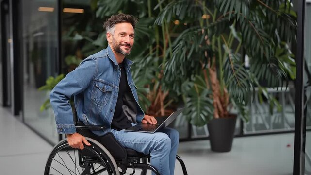 Footage of a young man in a wheelchair riding down an office corridor, adaptive technology for the workplace of employees with disabilities