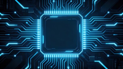 Blue glowing circuit board with central chip