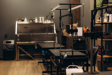 Empty pet grooming salon with various equipment