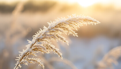 Frosty grass sways gently in winter sunrise light