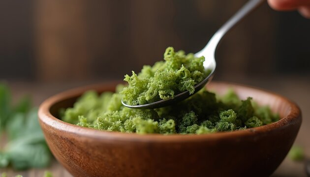 Bright green Wolffia plants fill a rustic wooden bowl, a spoon lifts some for tasting. These tiny aquatic vegetables represent sustainable food source, offering pure nutrition and wholesome flavor.