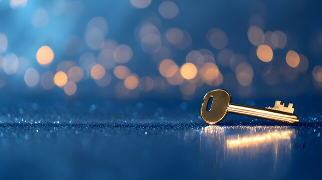 Golden Key on Blue Surface Symbolizes Opportunity Luxury and a Sparkling Future Concept