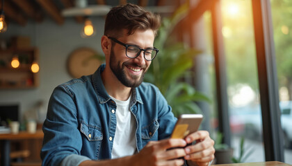 Bearded man in glasses smiles while using smartphone, credit card to shop online. He wears denim shirt, sits at table in cafe, bathed in sunlight. This represents e-commerce, digital transactions.