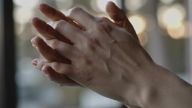 Female hands clasp, then separate, then clasp again, showing a sequence of tension and relaxation. Emotional expression, prayer, or anticipation.