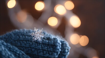 Cozy winter scene delicate snowflake rests on blue mittens soft bokeh lights glow warmly