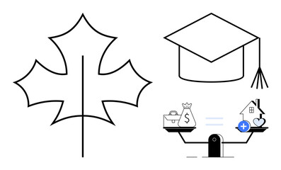 Financial education theme. Financial symbols balance between money and values. Financial learning highlighted with leaf and graduation cap. For personal finance, budgeting tips, academic success