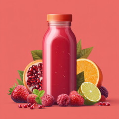 Fresh Red Fruit Juice Bottle with Berries and Citrus on Pink Background
