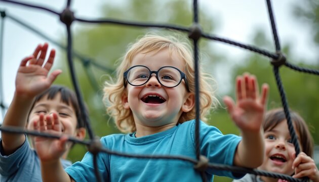 Three kids play on jungle gym. A boy with glasses laughs, waving with his friends. Children enjoy outdoor playground fun and active playtime.