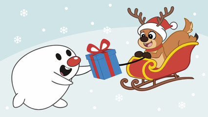 Naklejka premium A cheerful cartoon snowman-like character with a red nose gives a blue Christmas gift to a reindeer in a sleigh during a snowy winter day.