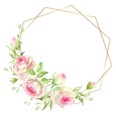 Watercolor floral wreath with golden frame. Beautiful floral frame with golden and geometric.