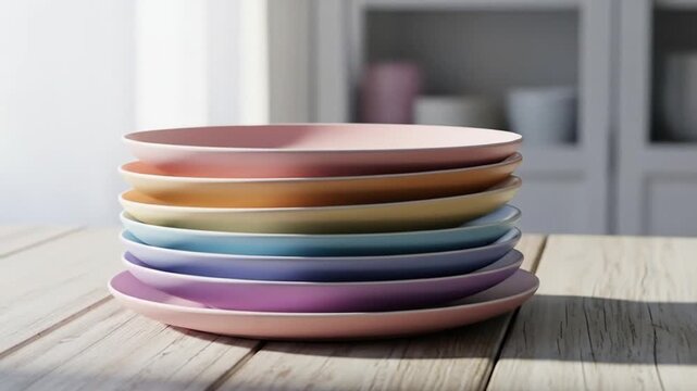 Colorful stacked pastel plates on a sunlit wooden table, blurred kitchen background