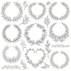 Elegant Floral Wreath Collection HandDrawn Botanical Designs for Invitations.