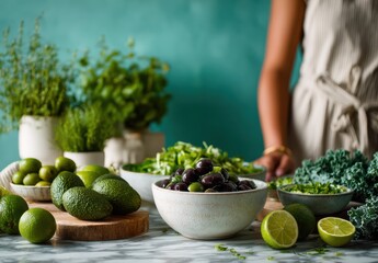 Frische gr&uuml;ne Zutaten und Oliven bei der Zubereitung gesunder K&uuml;che