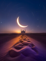 Desert night with crescent moon and mosque