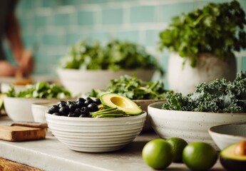 Gr&uuml;ne Zutaten mit Avocado, Oliven und Blattgem&uuml;se in moderner K&uuml;che