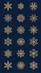 High Quality Gold Christmas Snowflake Geometric Line Icons Set on Blue Background