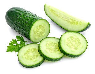 Freshly cut green cucumbers and a sprig of parsley on a white surface