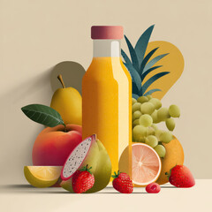 Tropical Yellow Fruit Juice Bottle with Fresh Fruits Illustration
