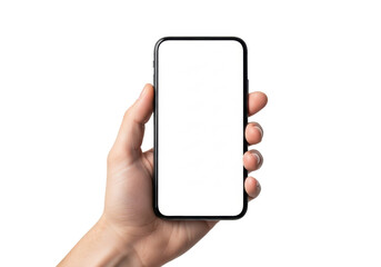 Close-up macro of an adult hand subtly grasping a modern black smartphone featuring a blank matte white screen, isolated on a transparent studio background, commercial mockup concept