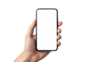 Close-up macro of an adult hand subtly grasping a modern black smartphone featuring a blank matte white screen, isolated on a transparent studio background, commercial mockup concept