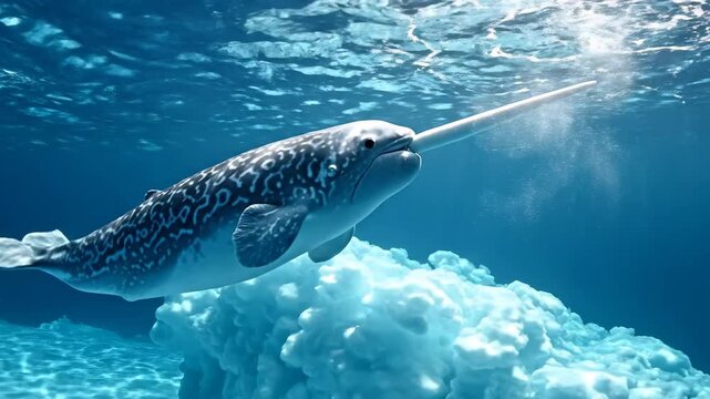 Narwhal swimming gracefully in the clear blue arctic ocean near an iceberg.