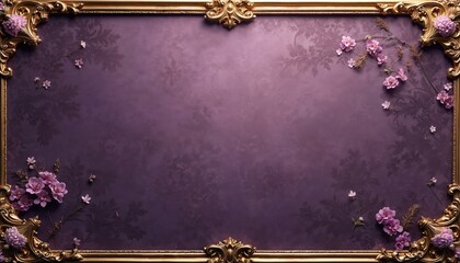 Ornate gold frame borders vintage purple floral wallpaper background with delicate pink blossoms and swirling leaf patterns. Elegant baroque style offers luxurious ornate decor.