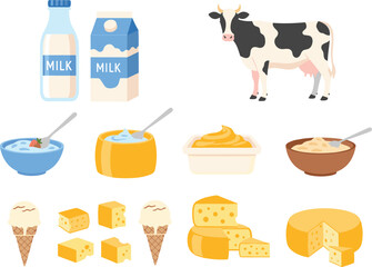 A clean flat illustration vector set featuring a farm cow and fresh dairy products, including milk cartons, cheese, ice cream, and yogurt bowls, for grocery and breakfast concepts.