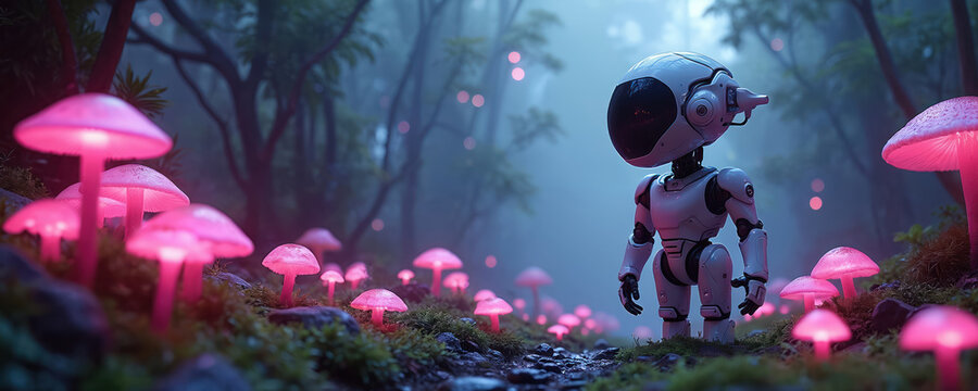 Small robot explores alien forest with glowing pink mushrooms. Mysterious woods have fog and tiny bright lights. Futuristic droid walks on mossy ground among weird plants.