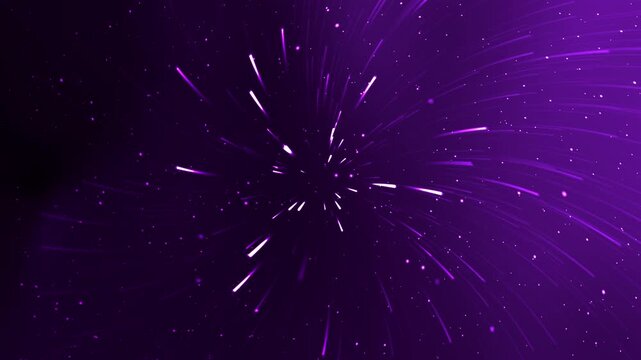 Abstract purple explosion of light streaks and particles in dark space.
