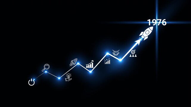 Futuristic business growth concept time line with glowing icons, upward chart, and rocket launch symbolizing financial success and innovation in 1976.Modern blue digital grid background