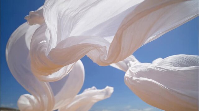 White fabric flows and twists in breeze against bright blue sky creating graceful abstraction of movement lightness and minimal elegance