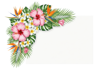 Ultra realistic flat lay of saturated watercolor tropical flowers (hibiscus, plumeria) and palm fronds on textured paper with vast white copy space and shadowless light. concept for luxury summer