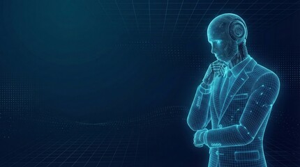 A futuristic concept of a wireframe AI robot businessman in a thinking pose, seemingly analyzing complex data or solving business problems. The glowing blue digital humanoid represents artificial inte