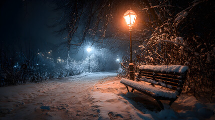 Snowy Park Path at Night