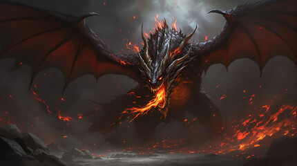 Fierce dragon breathing fire in dark fantasy landscape with flames