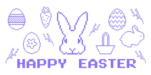 Bright purple Easter pixel art with bunny silhouette, decorated eggs, basket, carrot and spring branches. Retro 8-bit holiday design on white background with clean white icons. Delicate cute design